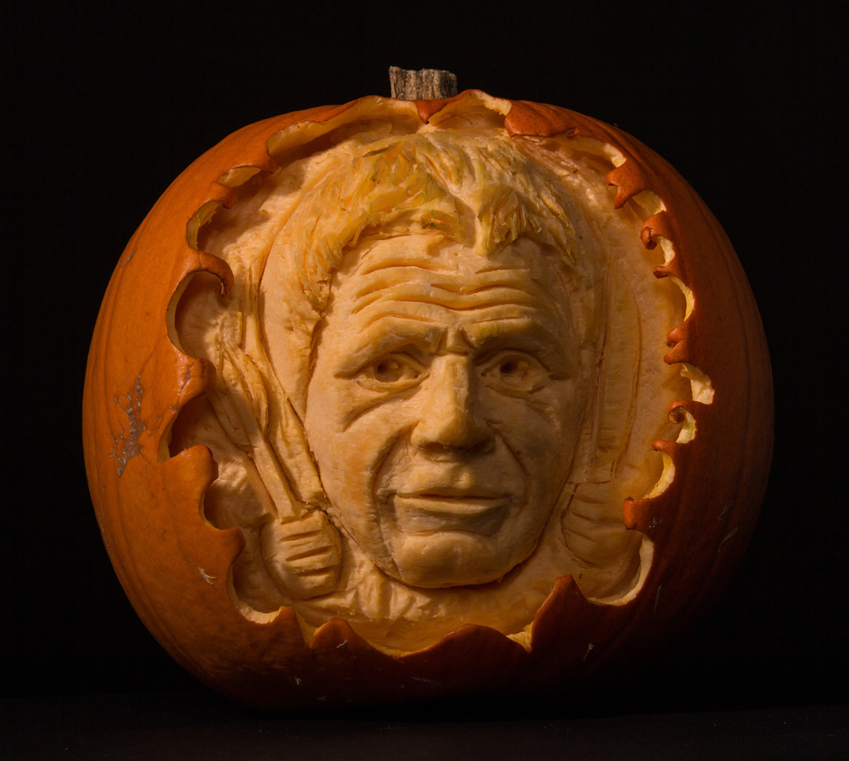 Celebrity Gordon Ramsey carved in to a pumpkin