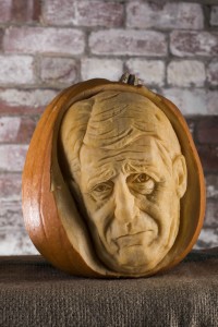 Jeremy Paxman portrait in a pumpkin, image by REX