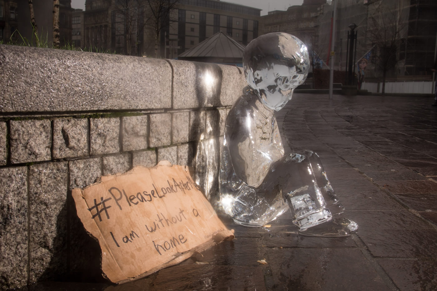 Please look after me. 1st ice sculpture is placed in Bradford, West Yorkshire.
