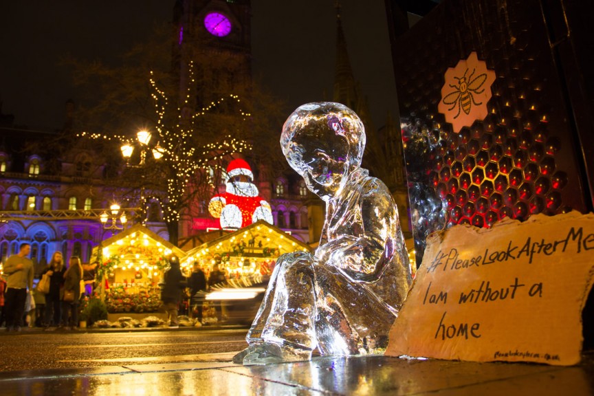 No.4 ice sculpture from Please Look After Me outside the Manchester Christmas Markets