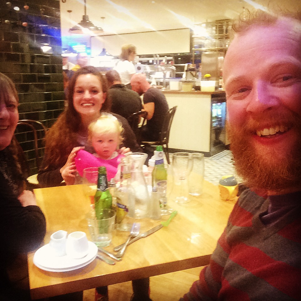 Claire, Jamie, Grandma and Flossy enjoying a meal at Chez Fred