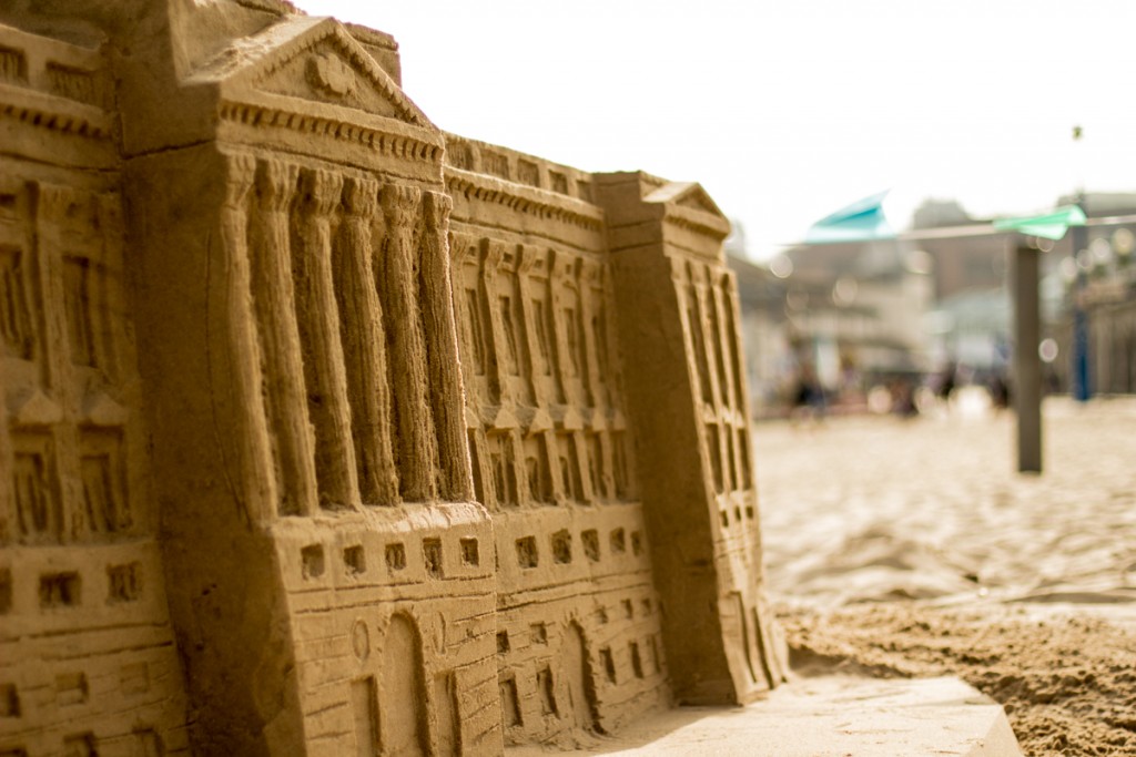 Close up of the beach sand sculpture of Buckingham Palace to celebrate the Queen's 90th Birthday