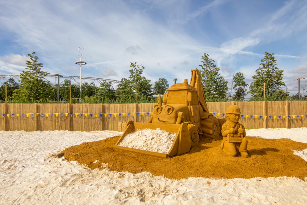 Bob The Builder sand sculpture on a city beach in London