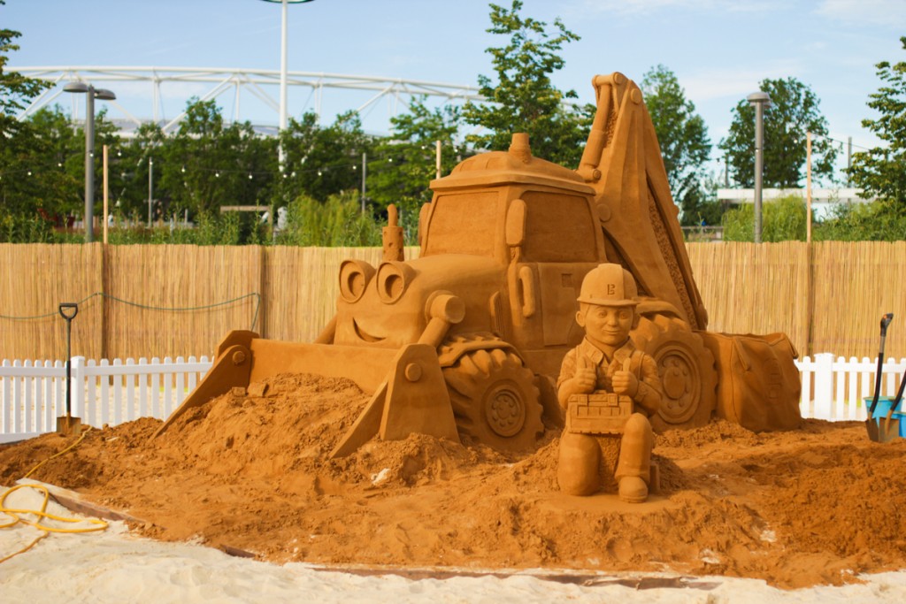 Huge Bob The Builder and Scoop sand sculpture we created at Beach East urban beach in London