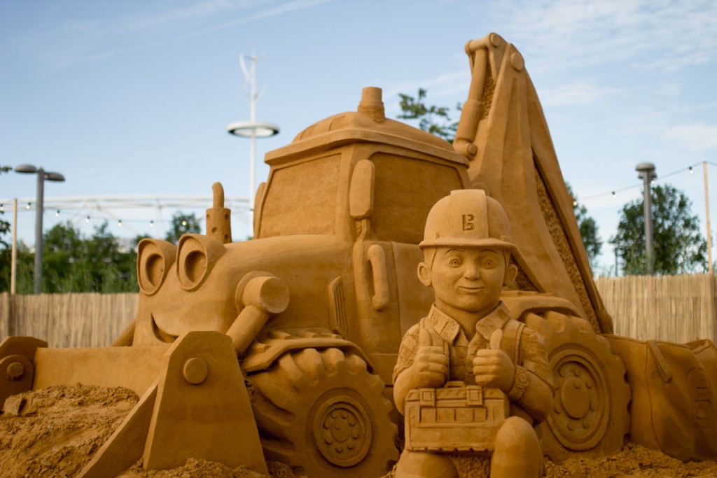 Urban beach event. Bob The Builder Sand Sculpture, East Beach, London