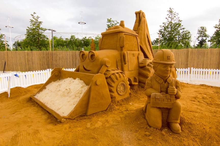 Huge Bob The Builder and Scoop sand sculpture we created at Beach East urban beach in London