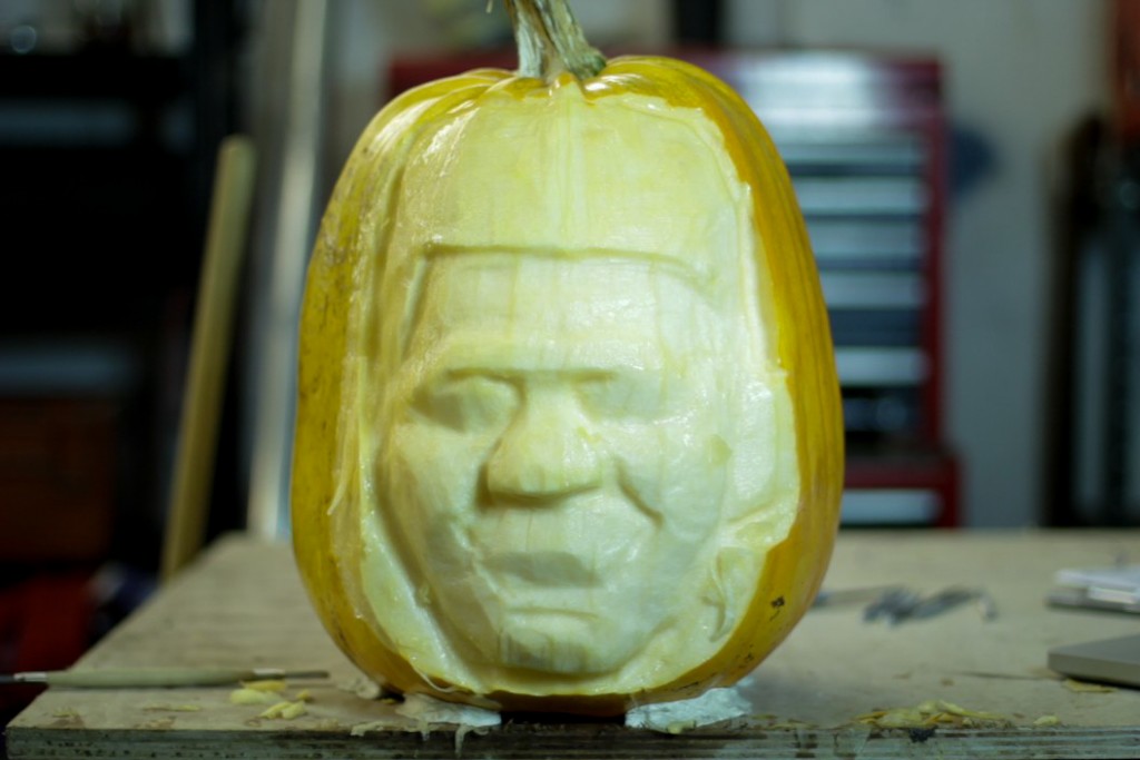 The beginning of the Simon Cowell celebrity pumpkin carving