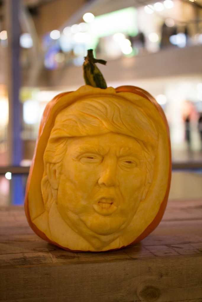 Infamous TV star and politician Donald Trump carved into a pumpkin