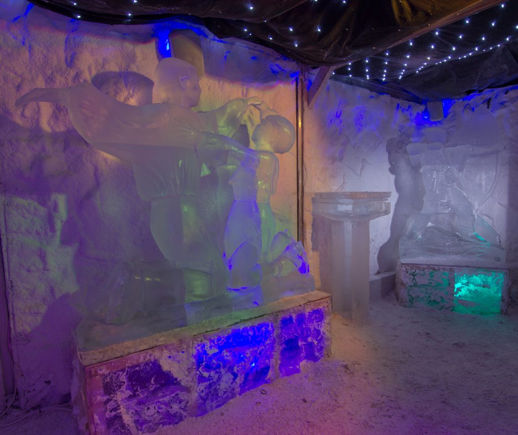 The ice sculptures on display in the ice bar