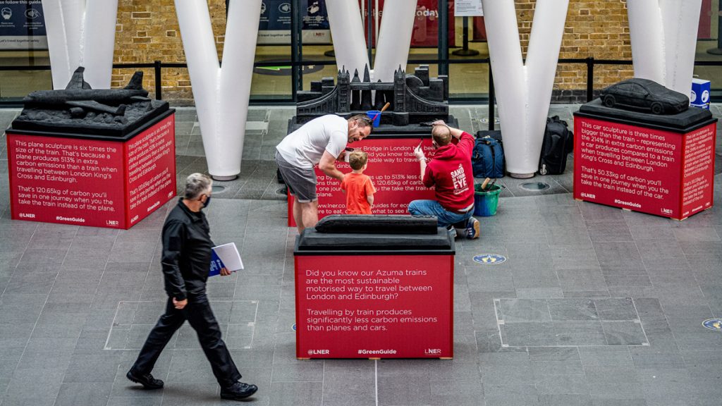 Series of sculptures unveiled at London King’s Cross Station to highlight environmental credentials of train travel as staycations boom
